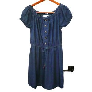Women M Dark Chambray Puff Sleeve Dress Cowgirl Peasant Milkmaid Granola Girl
